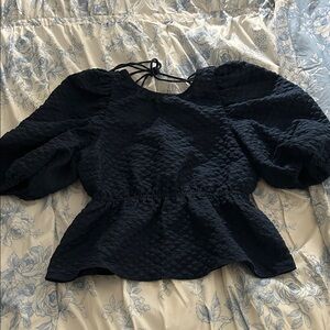 Zara Navy Puff Sleeve Blouse
